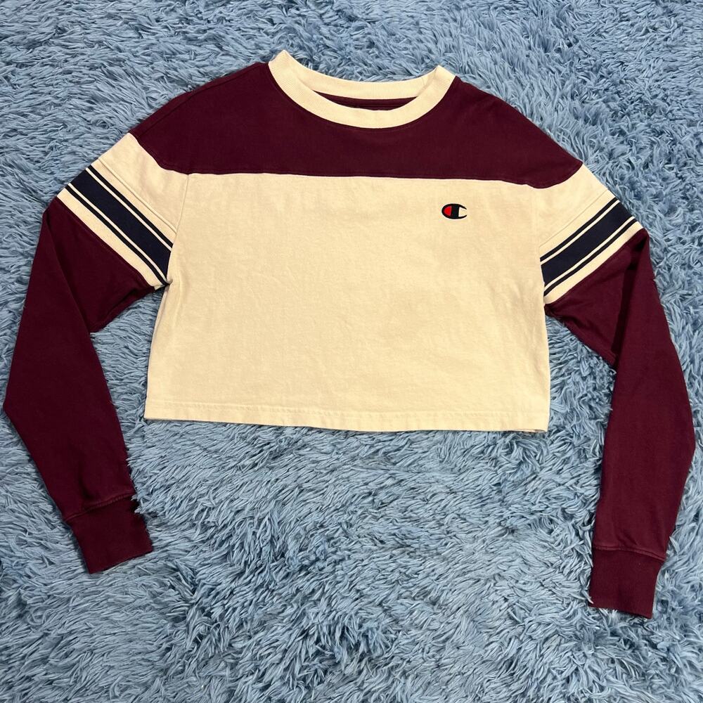 Champion Cropped Shirt Size XS Womens Maroon White Long Sleeve Logo Casual